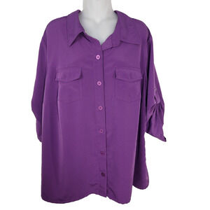 Susan Graver Top Womens 1X Purple Peachskin Button Up Roll Tab 3/4 Sleeve Blouse